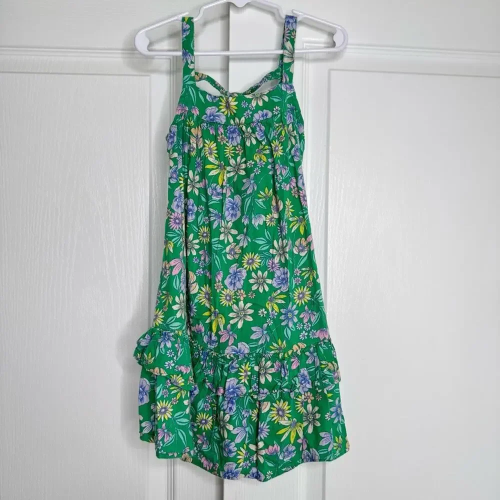 Old Navy Floral Print Knee Length Dress Sleeveless Cotton Blend Ruffled Green 4T